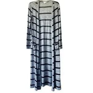Striped lightweight long cardigan grey black long sleeve pockets duster